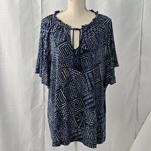 Lauren Ralph Lauren Womens 3X Blue Batik Geometric Linen Blend V Neck Blouse Top